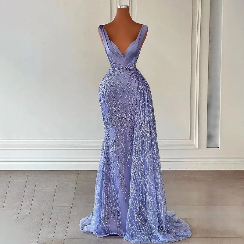 Ivory evening dress-Serene Hill Arabic Blue Mermaid Elegant With Skirt Sexy Deep V-Neck Evening Dresses Gowns Beaded 2024 For Women Party LA71751