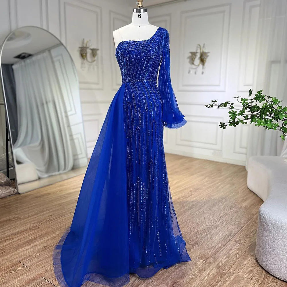 Long evening dress-Serene Hill Arabic Blue Mermaid Evening Gown with Beaded Overskirt - Luxury Dresses for Woman's Wedding Party 2024 LA72226