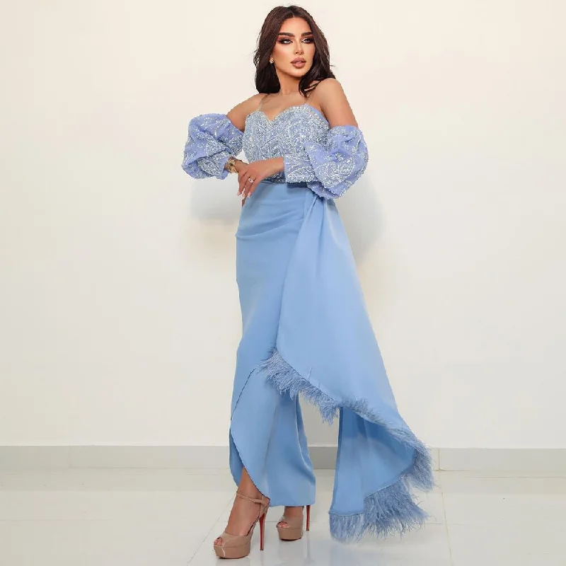 Two-piece evening dress-Serene Hill Arabic Blue Sexy Mermaid Puff Sleeves Beaded Feathers Luxury Dubai Evening Dresses Gowns For Women Party LA72080