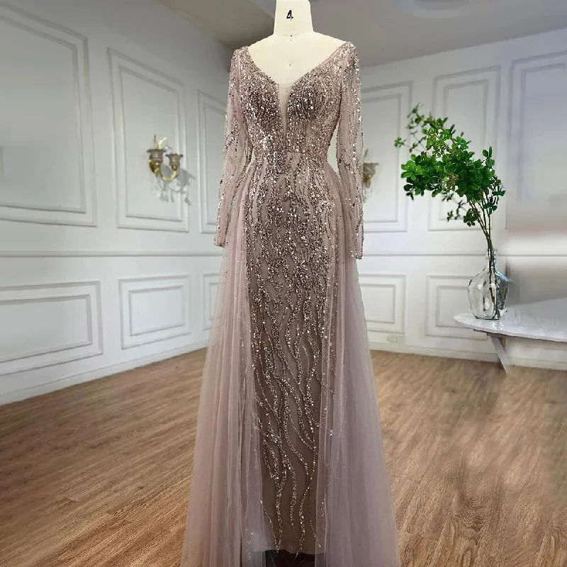 Champagne evening dress-Serene Hill Arabic Caramel Mermaid Elegant With Overskirt Evening Dresses Gowns Beaded Luxury  2024 For Women Party LA71629A