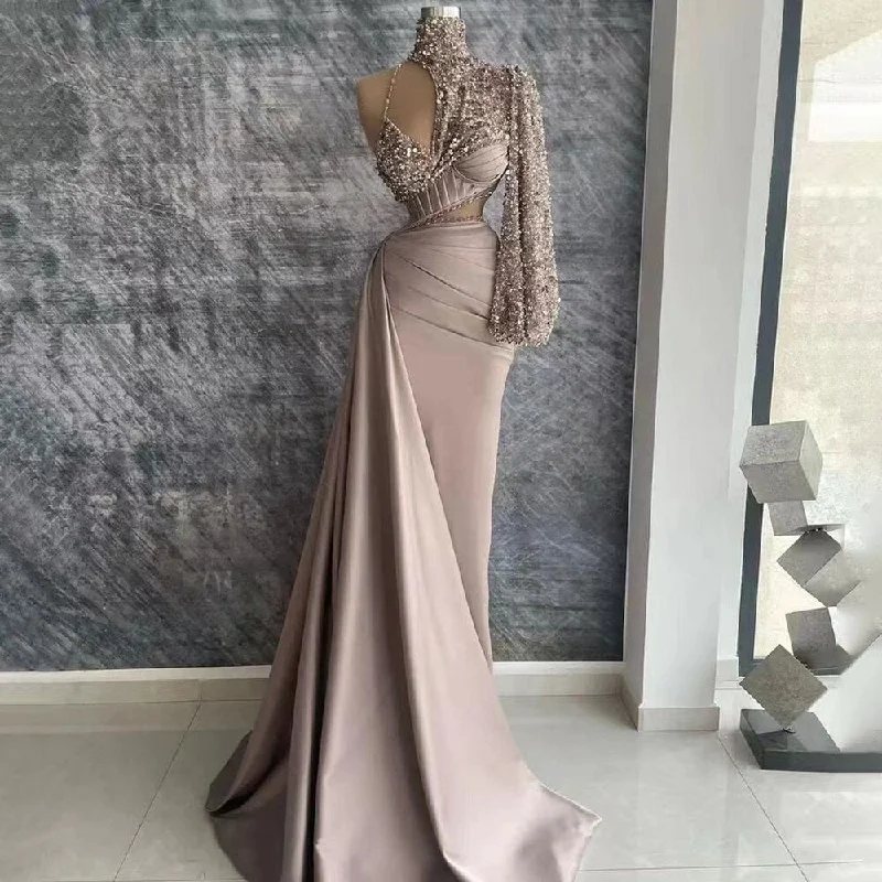 Evening dress for cocktail-Serene Hill Arabic Caramel Satin Mermaid Elegant One Shoulder Beaded Evening Dresses Gowns 2024 For Women Wedding Party LA71936