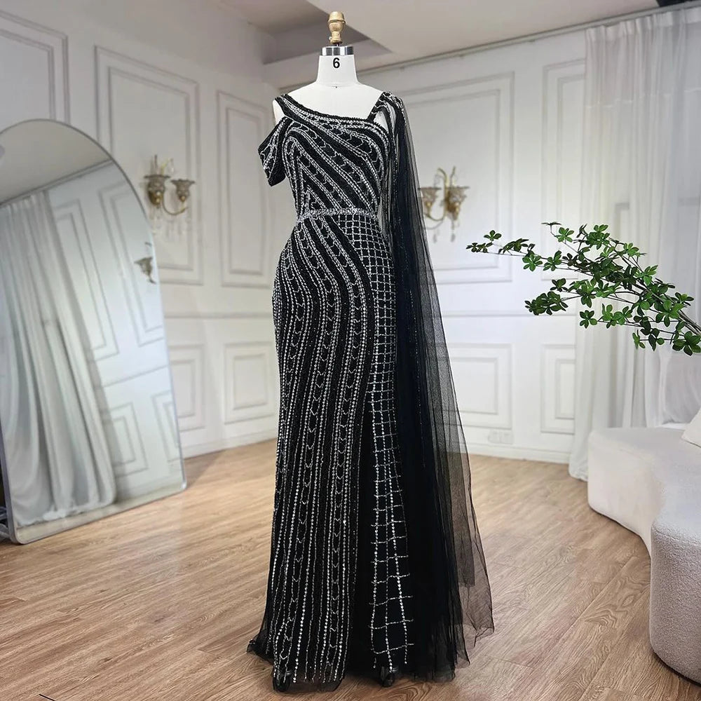 Evening dress with A-line-Serene Hill Arabic Dubai Black Long Cloak Mermaid Beaded Luxury Evening Dresses Gowns for Women Wedding Party 2024 LA72296