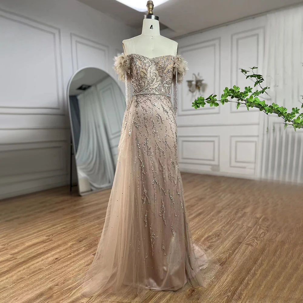 Evening dress with beaded bodice-Serene Hill Arabic Dubai Nude Mermaid Luxury Evening Dresses Gowns Boat Neck Beaded Tassel For Women Wedding Party 2024 LA72260