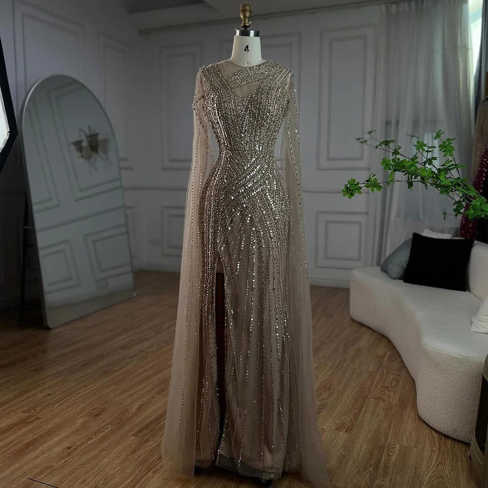 Evening dress with bow-Serene Hill Arabic Elegant Cape Sleeves Mermaid Nude Dubai Evening Dresses Gowns Beaded Luxury For Women Party 2024 LA71429B