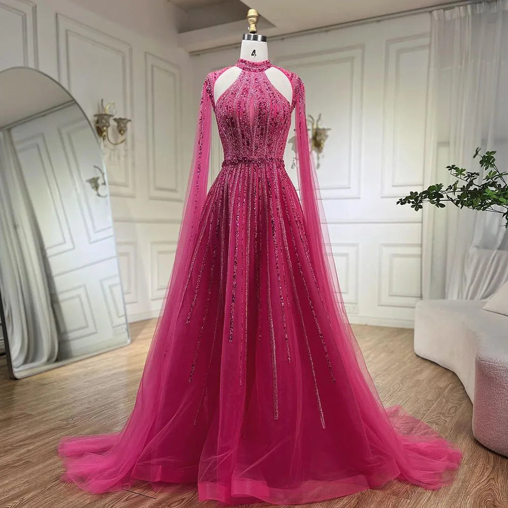 Evening dress with chiffon-Serene Hill Arabic Fuchsia A Line Cape Sleeve Beaded Luxury Dubai Evening Dresses Gowns For Women Wedding Party 2024 LA72306