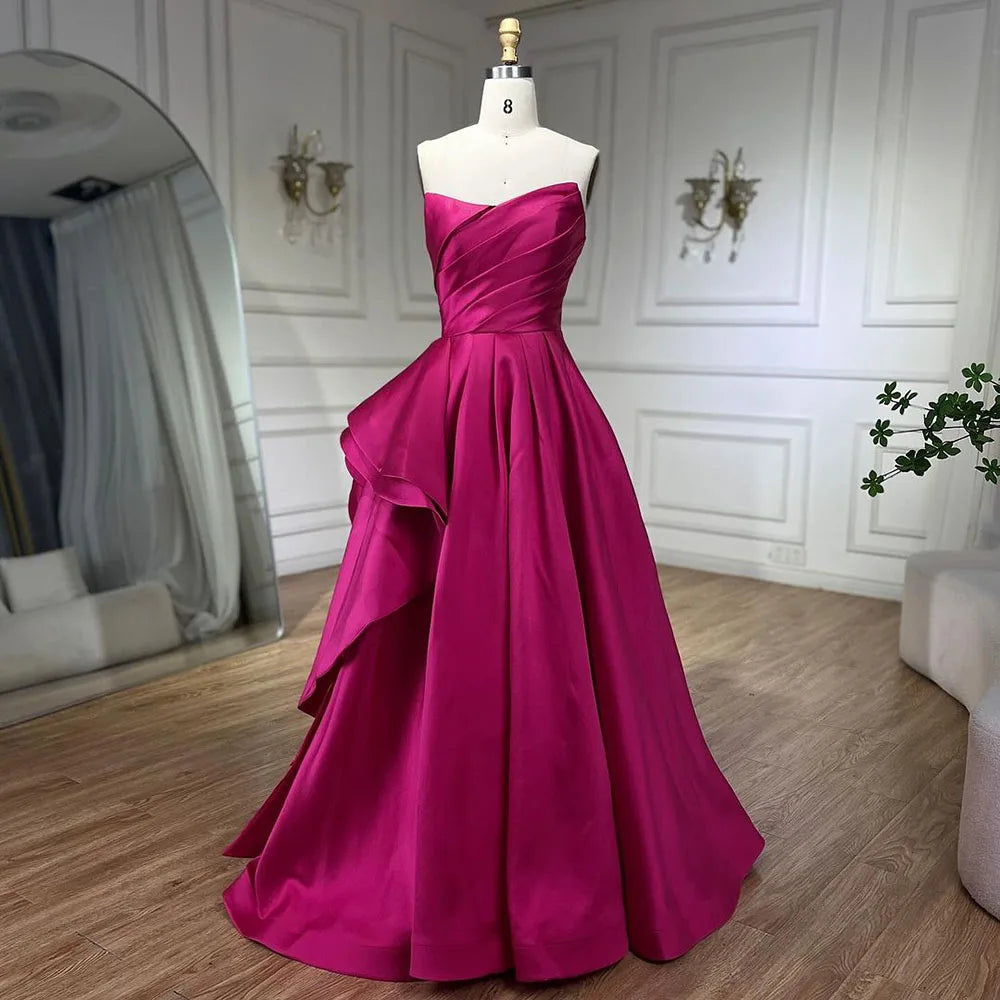 Evening dress with crochet details-Serene Hill Arabic fuchsia A Line Elegant Satin Strapless Evening Dresses Gowns For Women Wedding Party 2024 LA72313