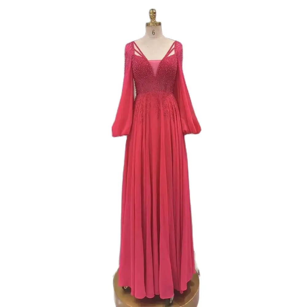 Evening dress with crystals-Serene Hill Arabic fuchsia A-Line Sparkle Beaded Luxury Long Evening Dresses Gowns A Line Beaded for Women Party 2024 LA72380