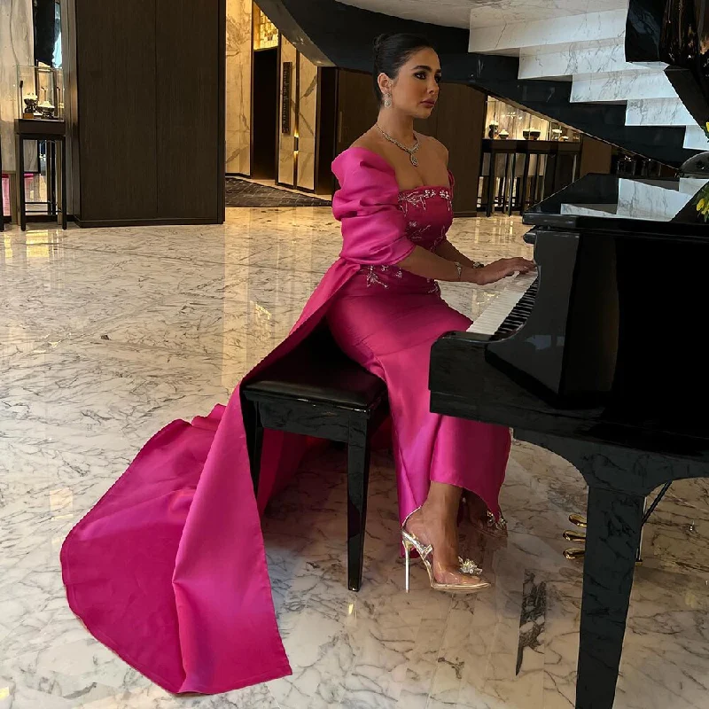 Evening dress with empire waist-Serene Hill Arabic Fuchsia Satin Mermaid Strapless With Jacket Beaded Evening Dresses Gowns 2024 For Women Wedding Party LA71896