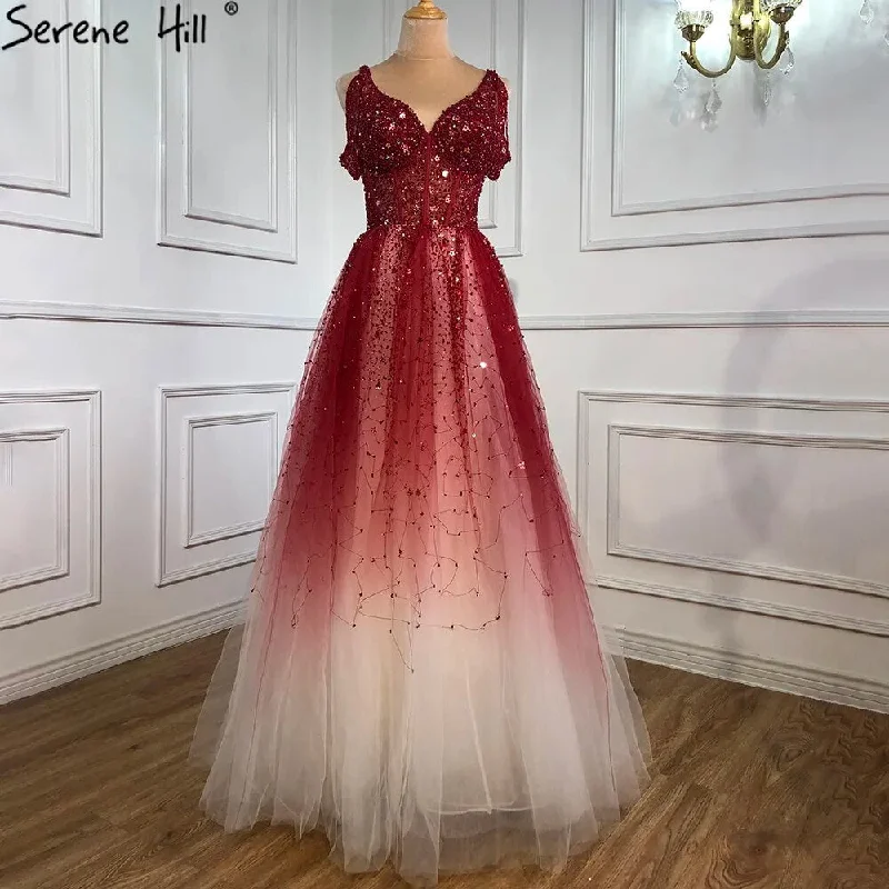 Evening dress with full skirt-Serene Hill Arabic Gradual Change Red Evening Dresses Gowns 2024 Beaded Luxury A Line Sexy For Women Wedding Party LA70983