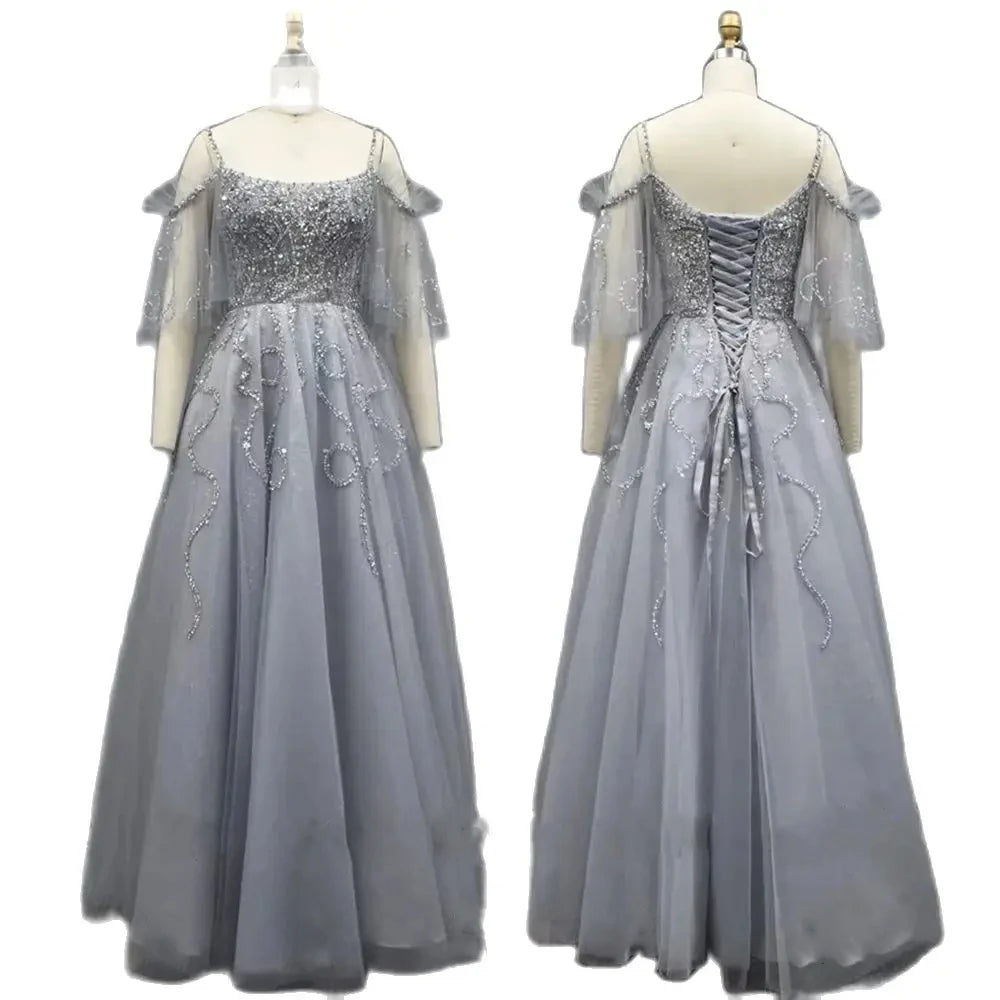 Evening dress with high-low hem-Serene Hill Arabic Gray A Line Luxury Dubai Evening Dresses Gowns 2024 Beaded Lace Up For Women Wedding Party LA72256