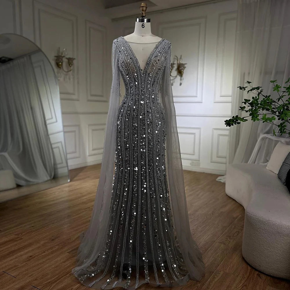 Evening dress with keyhole back-Serene Hill Arabic Gray Mermaid Elegant Cape Sleeves Luxury Beaded Evening Dresses Gowns For Women Wedding Party 2024 LA72289