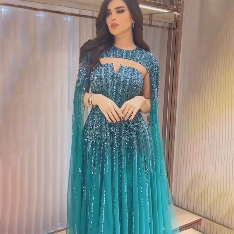 Evening dress with lace applique-Serene Hill Arabic Green Cape Sleeves A Line Beaded Evening Dresses Long 2024 Celebrity Gowns For Woman Wedding Party LA71912