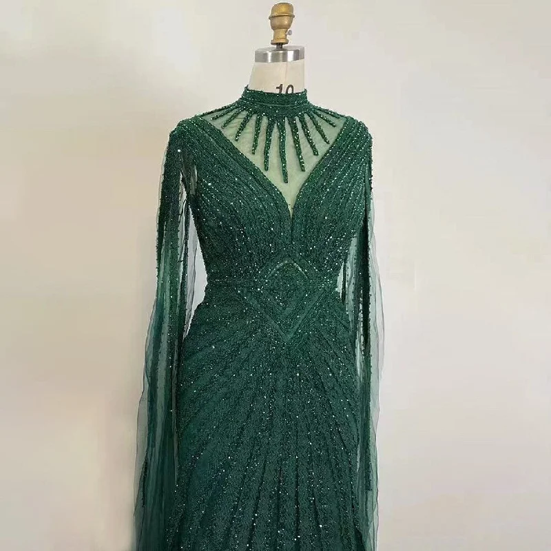 Evening dress with mermaid style-Serene Hill Arabic Green Elegant Cape Sleeves Mermaid Lace Beaded Evening Dresses Gowns 2024 For Women Wedding Party LA71929