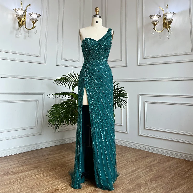 Evening dress with modern design-Serene Hill Arabic Green Elegant Mermaid Sexy High Split Beaded Long Evening Dresses Gowns 2024 For Women Wedding Party LA71779A