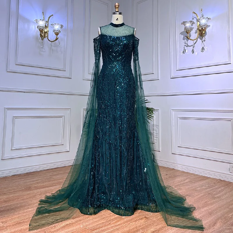 Evening dress with off-shoulder neckline-Serene Hill Arabic Green Mermaid Beaded Formal Evening Dresses With Cape Sleeves For Woman Wedding  Party Gowns LA72041