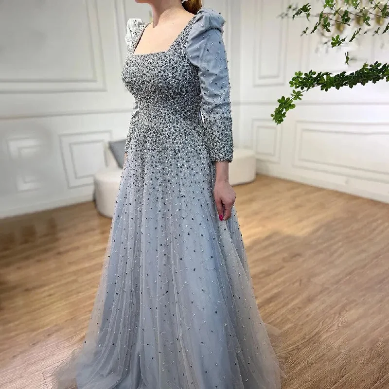 Evening dress with plunging neckline-Serene Hill Arabic Grey A Line Elegant Beaded Luxury Evening Dresses Gowns Puffy Shoulder For Women Wedding Party 2024 LA71368