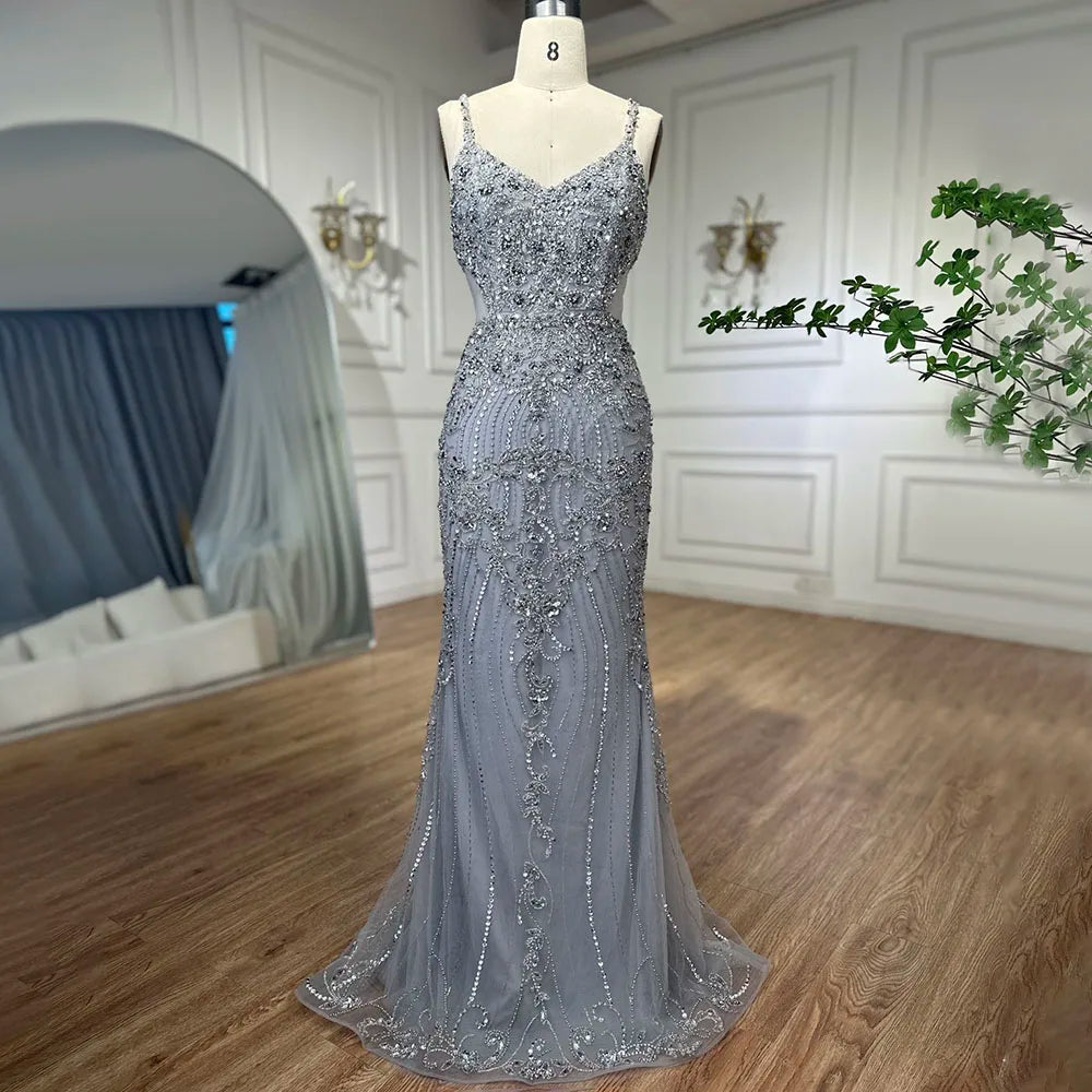 Evening dress with ruching-Serene Hill Arabic Grey Mermaid Spaghetti Straps Elegant Evening Dresses Gowns Luxury Beaded 2024 For Woman Party LA71652