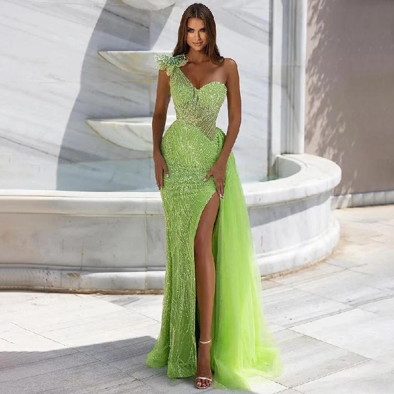 Evening dress with ruffles-Serene Hill Arabic Lemen One Shoulder Mermaid Sexy High Split Beaded Evening Dresses Gowns 2024 For Women Wedding Party LA71968