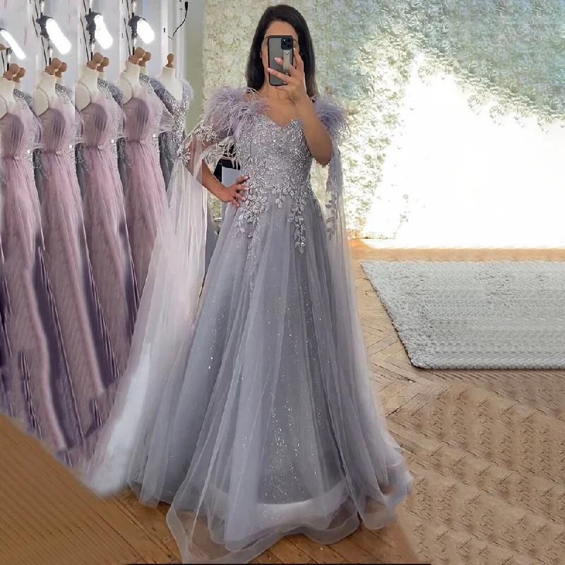 Evening dress with sleeves-Serene Hill Arabic Lilac A-Line Cape Sleeves Feather V Neck Lace Beaded  Evening Dresses Gowns 2024 For Woman Party LA71814