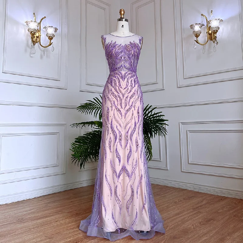 Evening dress with statement sleeves-Serene Hill Arabic Lilac Mermaid Elegant Beaded Luxury Dubai Long Evening Dresses Gowns For Women Wedding Party 2024 LA71962