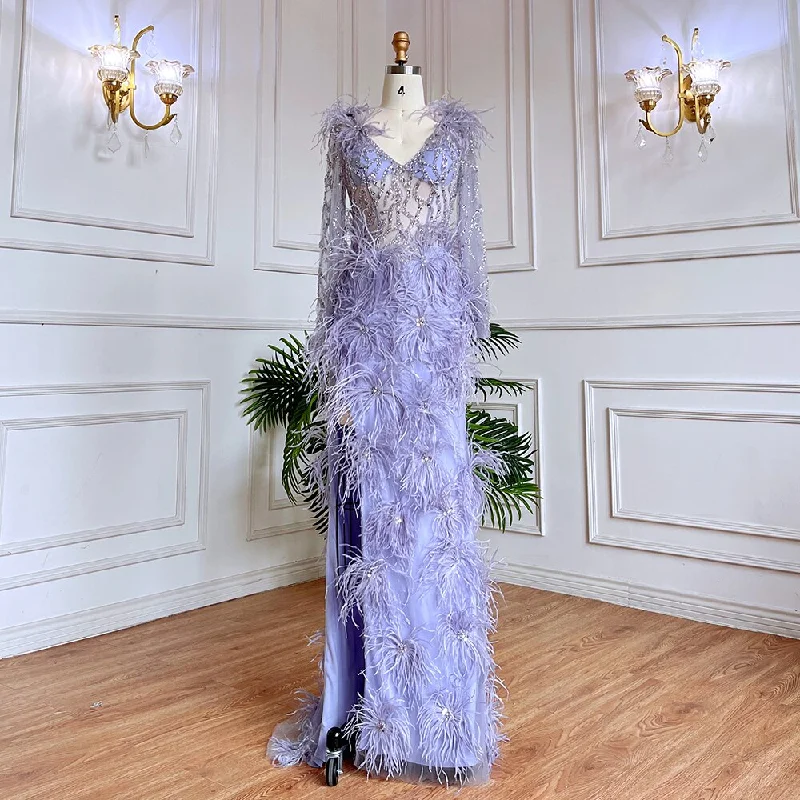 Evening dress with taffeta-Serene Hill Arabic Lilac Mermaid Sexy High Split With Skirt Beaded Feathers Evening Dresses Gowns 2024 For Women Party LA71989