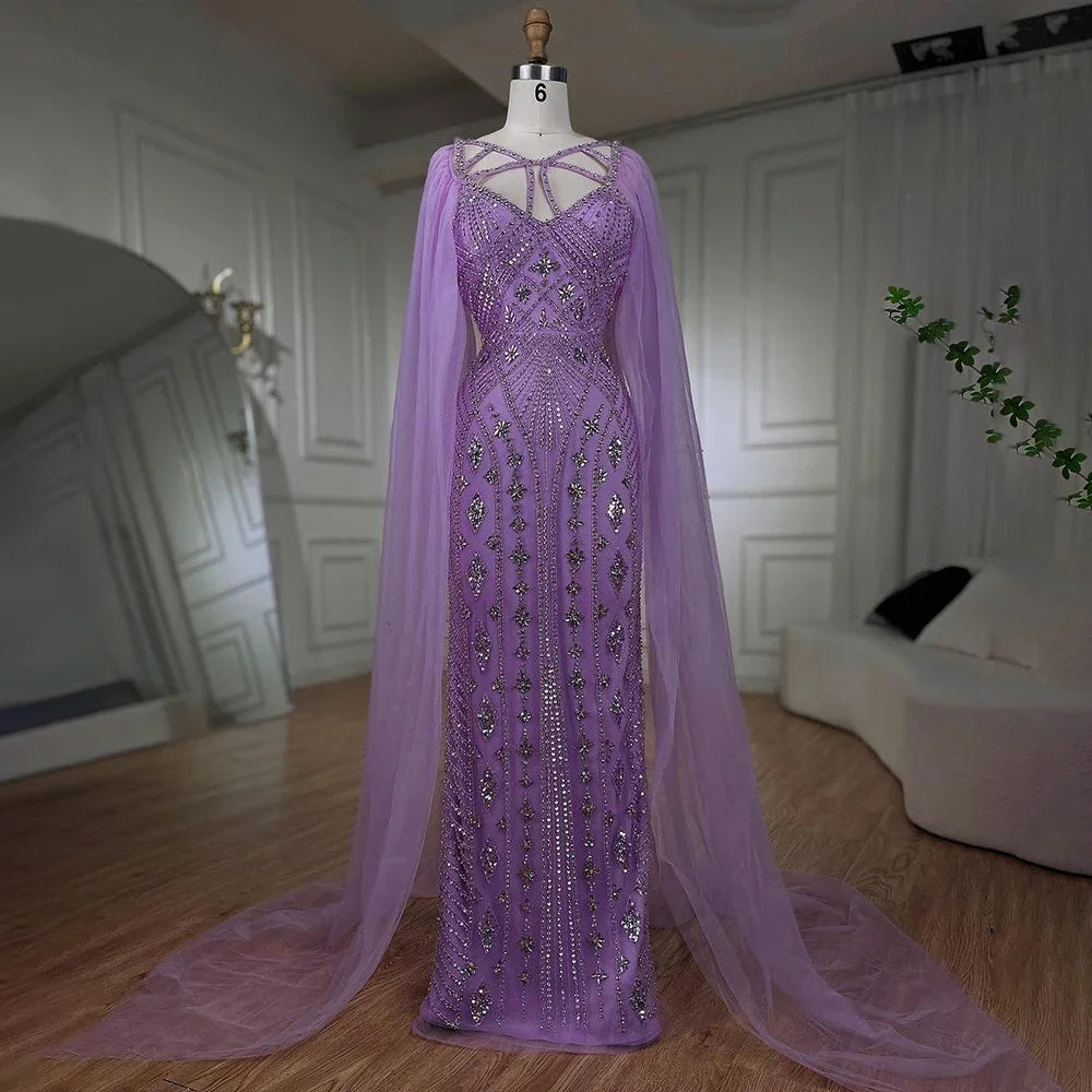 Evening dress with floral print-Serene Hill Arabic Luxury Dubai Mermaid Elegant Lilac Shawl Yarn Beaded Evening Dresses Gowns 2024 For Women Party LA72186