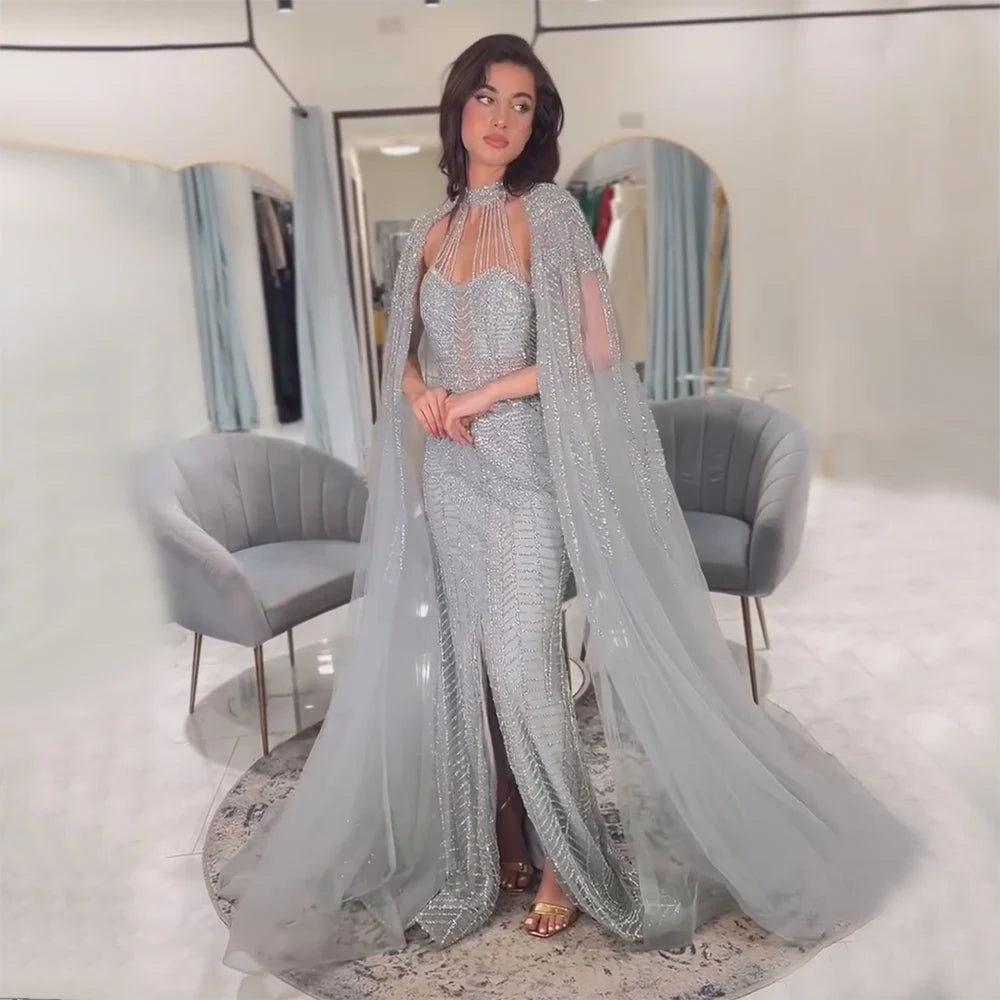 Evening dress with tulle overlay-Serene Hill Arabic Mermaid Gray Elegant Cape Sleeves Luxury Beaded Evening Dress Gown For Women Wedding Party 2024 LA72247