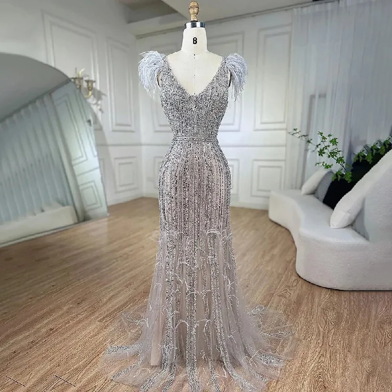 Gold evening dress-Serene Hill Arabic Mermaid Grey Nude V Neck Evening Dresses Gowns 2024 Feather Beaded Elegant For Women Wedding Party LA72184