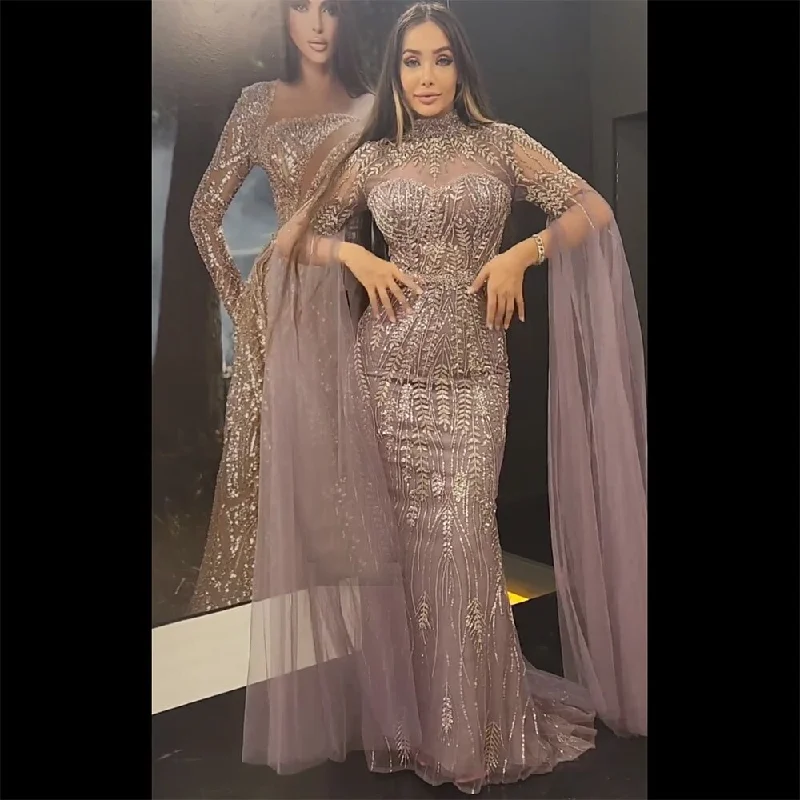 Long evening dress-Serene Hill Arabic Mermaid Purple Cape Sleeves Elegant Beaded Evening Dresses Luxury Gowns 2024 For Women Wedding Party LA72129