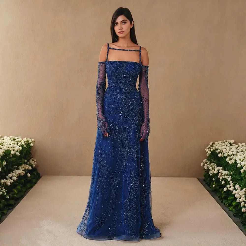 Evening dress with embroidered flowers-Serene Hill Arabic Navy Blue A-Line Spaghetti Strap Beaded Long Evening Dresses for Women Elegant Party 2024 LA72469