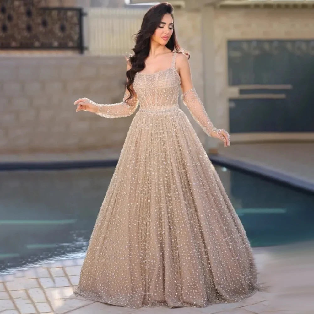 Plus size evening dress-Serene Hill Arabic Nude A-Line Evening Dress 2024 Spaghetti Strap with Gloves for Women's Wedding Party LA72363