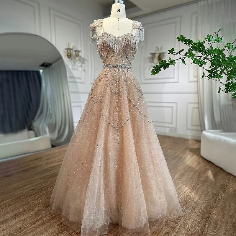 Off-white evening dress-Serene Hill Arabic Nude A Line Sweetheart Beaded Tassel Lace Up Evening Dresses Gowns For Women Wedding Party 2024 LA72214