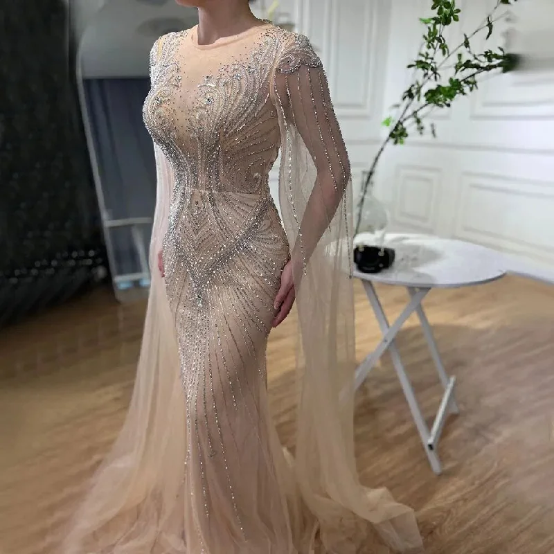 Sleeveless evening dress-Serene Hill Arabic Nude Mermaid Cape Sleeves Elegant Beaded Evening Dresses Luxury Gowns 2024 For Women Wedding Party LA72165