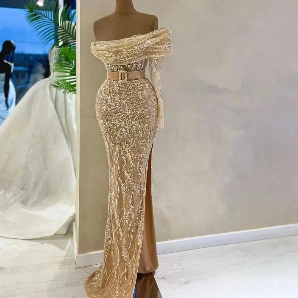 Black evening dress-Serene Hill Arabic Nude Mermaid One Shoulder Beaded Luxury Dubai Evening Dresses Gowns For Women Wedding Party 2024 LA72161