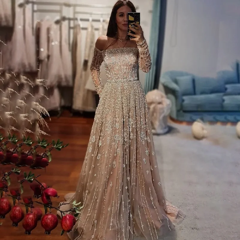 Elegant evening dress-Serene Hill Arabic Nude Sexy Boat Neck A Line Beaded Long Evening Dresses Gowns For Women Wedding Party Plus Size 2023 LA71803B