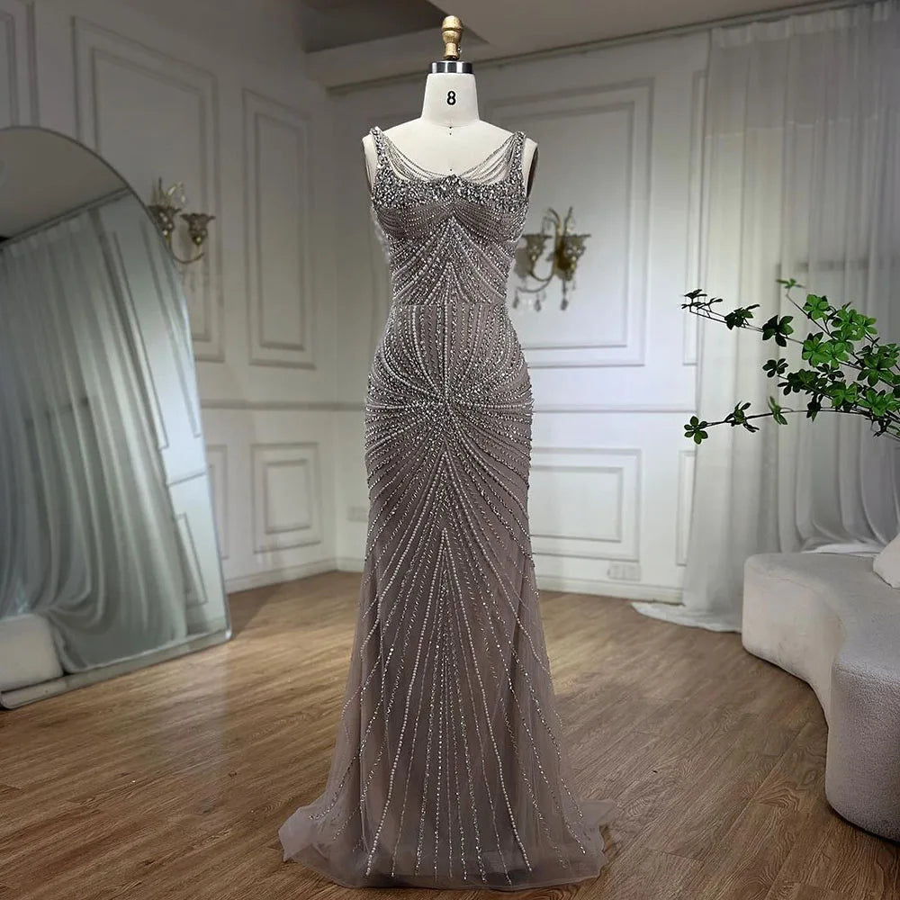 Evening dress with off-shoulder-Serene Hill Arabic Nude Spaghetti Strap Mermaid Evening Dresses Gowns Luxury Pearls Beaded For Women Wedding Party 2024 LA72356