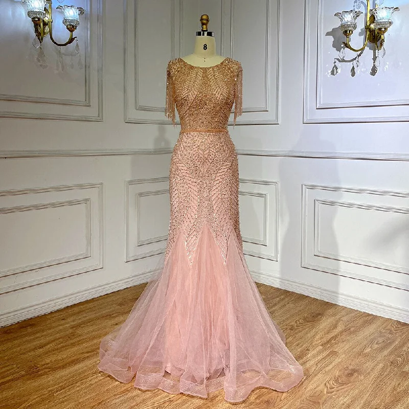 Evening dress for cocktail-Serene Hill Arabic Peach Mermaid Elegant Tassel Beaded Luxury Evening Dresses Gowns 2024 For Women Wedding Party LA71843