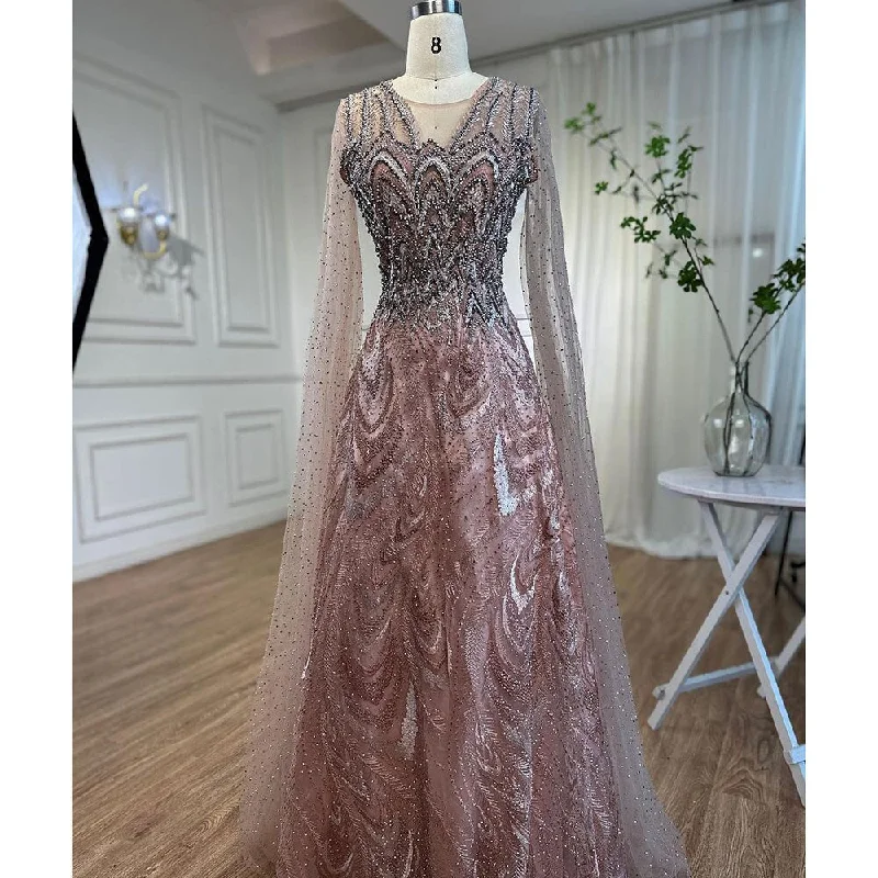 Evening dress with backless design-Serene Hill Arabic Pink A Line Beaded Cape Sleeves Evening Dresses Long 2024 Celebrity Gowns For Woman Wedding Party LA72133