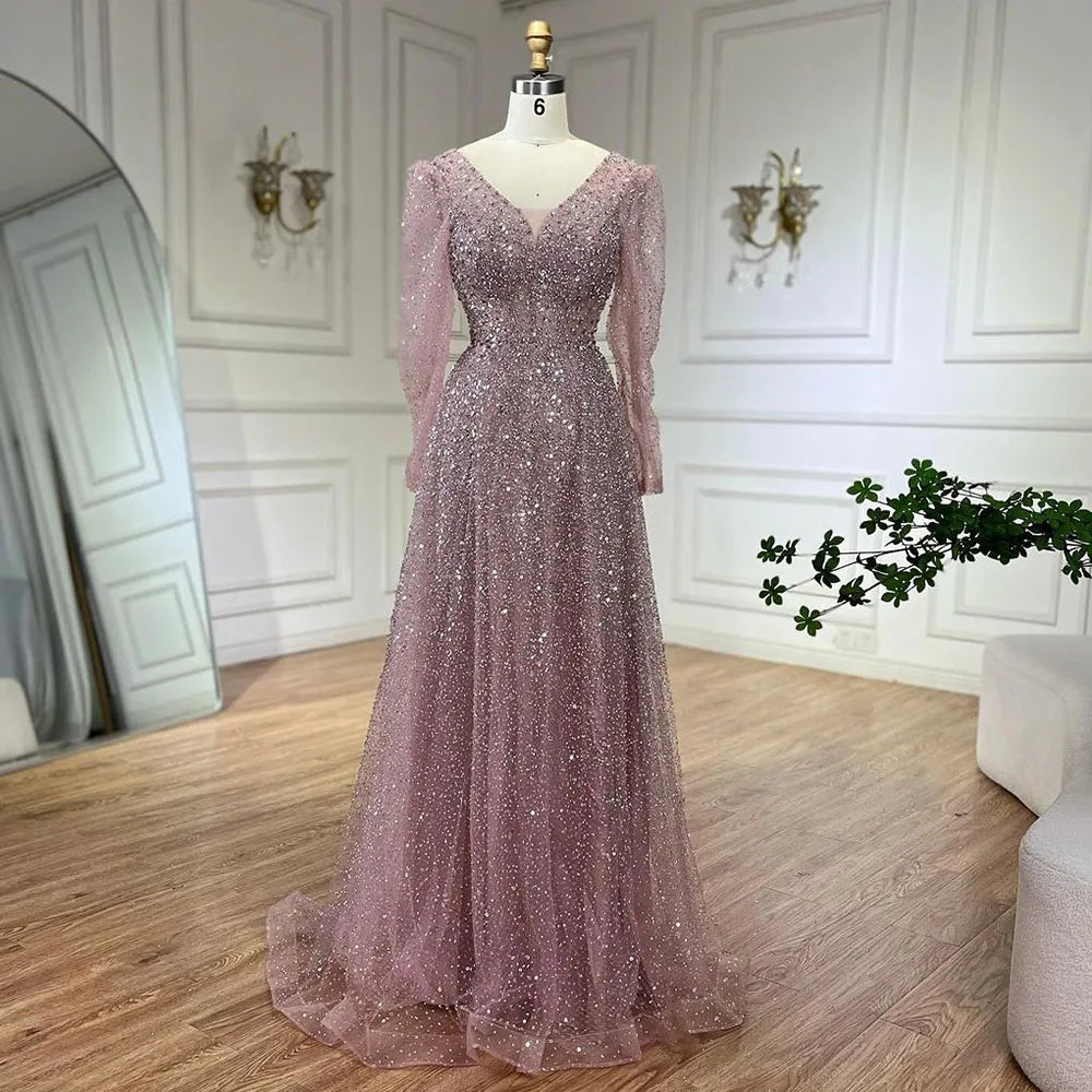 Plus size evening dress-Serene Hill Arabic Pink A Line Elegant Long Sleeves Luxury Beaded Evening Dresses Gowns for Women Wedding Party 2024 LA72521