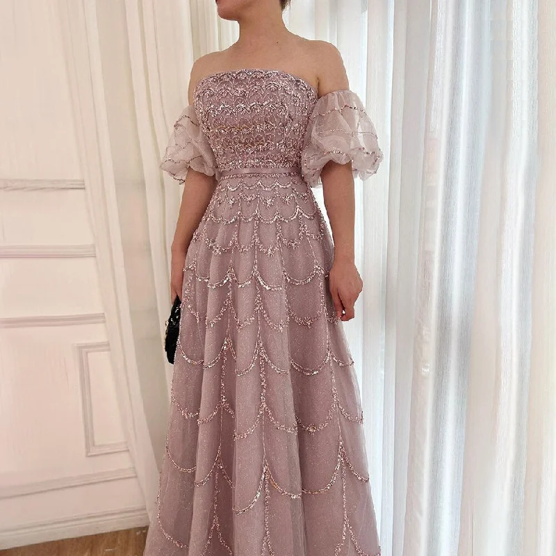 Evening dress with cape-Serene Hill Arabic Pink Elegant Mermaid Sexy Strapless Beaded Long Evening Dresses For Women Wedding Party 2024 LA72130