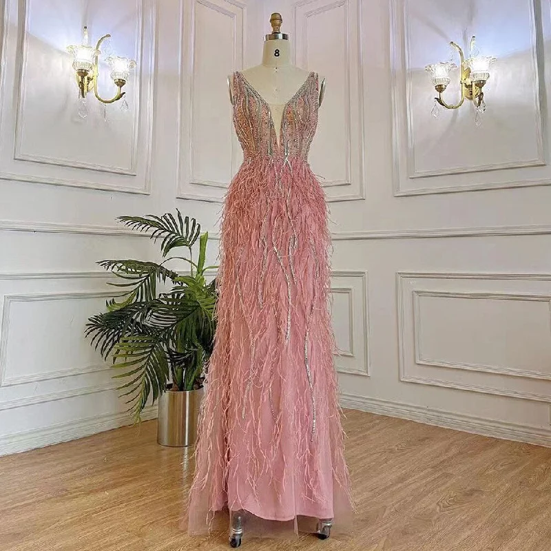 Evening dress with crochet details-Serene Hill Arabic Pink Elegant Mermaid Sexy V Neck Evening Dresses Gowns Luxury Beaded Feather 2024 For Women Party LA71900