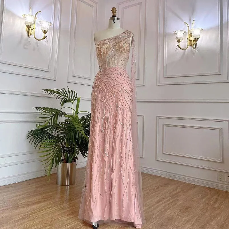 Evening dress with double straps-Serene Hill Arabic Pink Mermaid Elegant One Shoulder Beaded Long Evening Dresses Gowns 2024 For Women Party Night LA71901