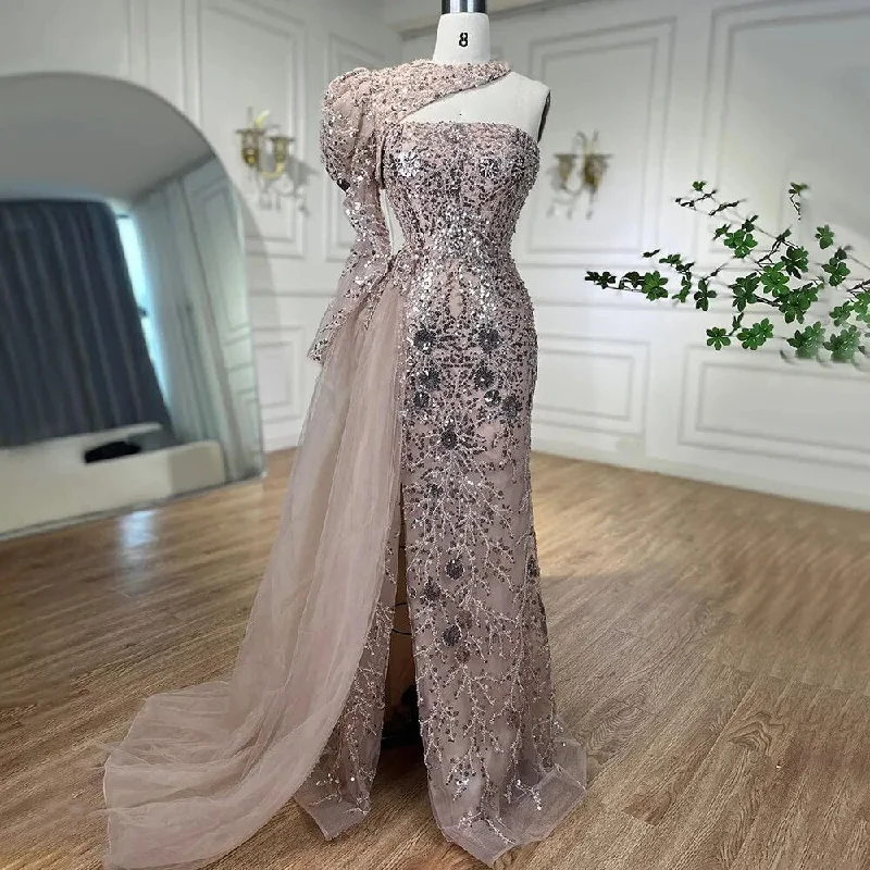 Evening dress with embellishments-Serene Hill Arabic Pink Mermaid Elegant One Shoulder Beaded Split Evening Dresses Gowns 2024 For Women Wedding Party LA72188