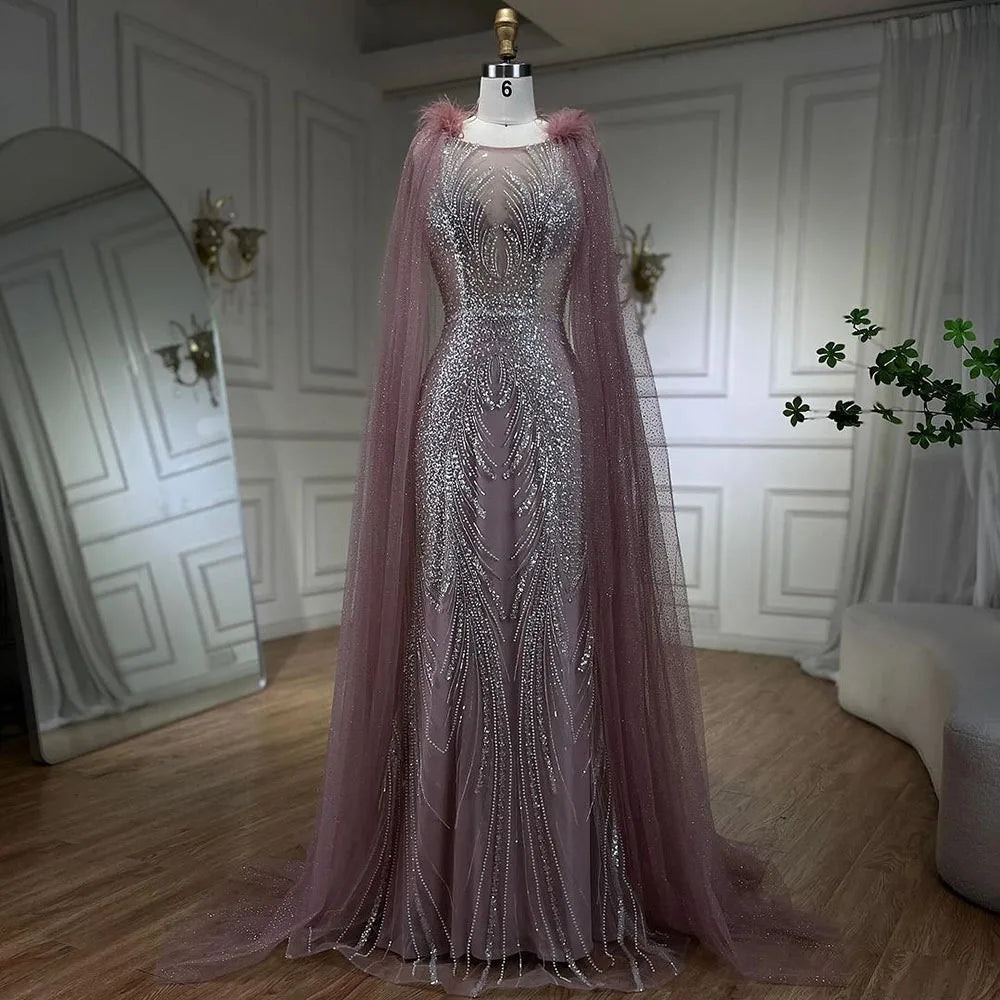 Pink evening dress-Serene Hill Arabic Pink Mermaid Evening Dress with Elegant Luxury Feathers Beaded Cape Sleeves for Women's Party 2024 LA71709A