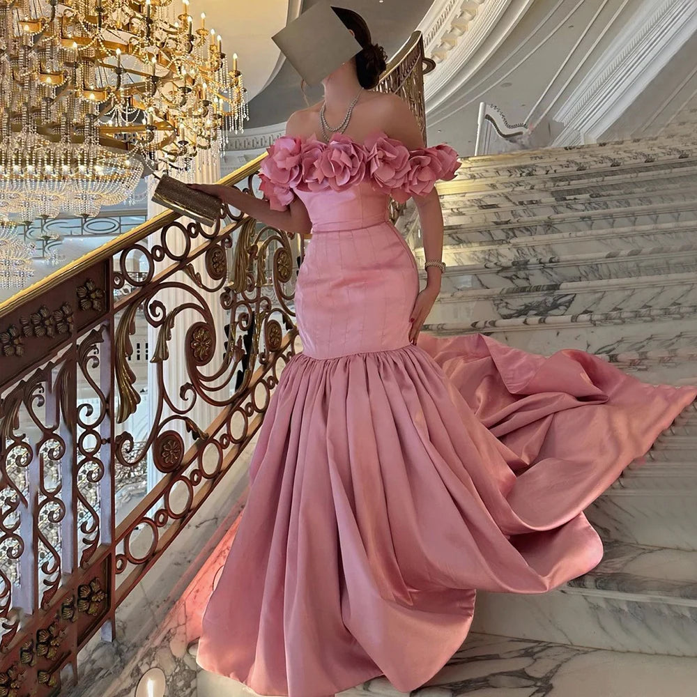 Classic evening dress-Serene Hill Arabic Pink Mermaid Satin Strapless Luxury Dubai Beaded Evening Dresses Gowns 2024 For Women Wedding Party LA72250