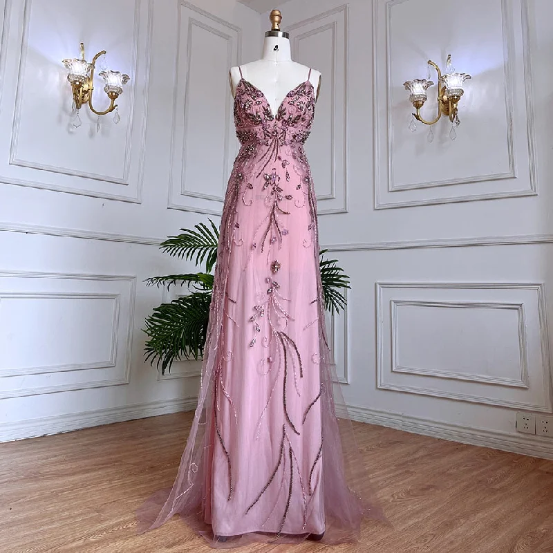 Evening dress with empire waist-Serene Hill Arabic Pink Mermaid Sexy Spaghetti Straps Beaded Long Evening Dresses Gowns 2024 For Women Wedding Party LA71963