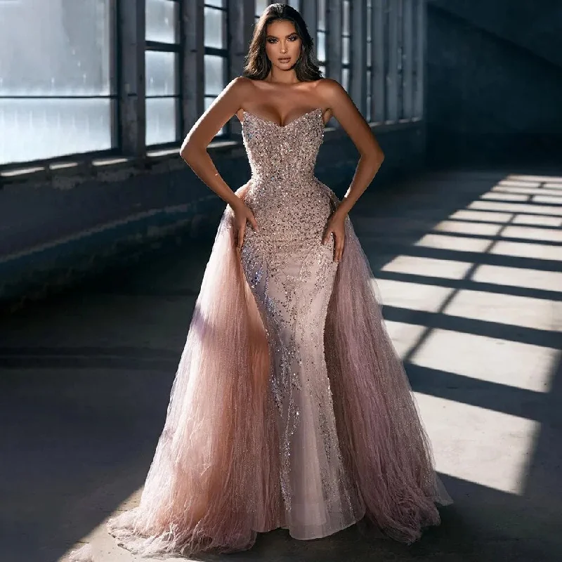 Evening dress with fitted bodice-Serene Hill Arabic Pink Mermaid Sexy Strapless Beaded Dubai Luxury Evening Dresses Gowns For Women Wedding Party 2024 LA72201