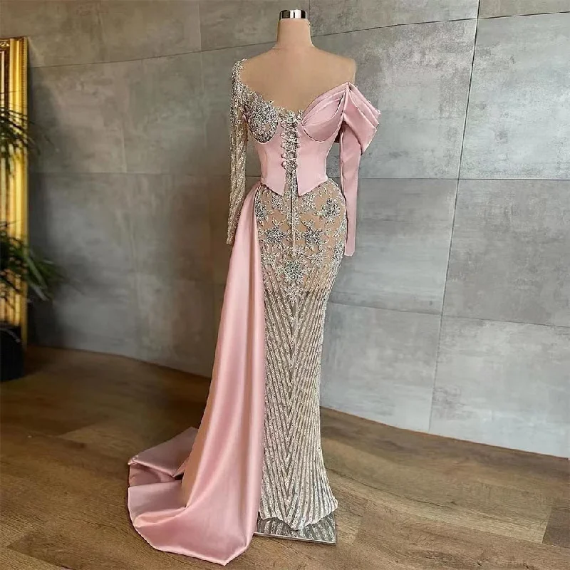 Evening dress with floral print-Serene Hill Arabic Pink Satin Mermaid Elegant With Overskirt Beaded Evening Dresses Gowns 2024 For Women Wedding Party LA71946