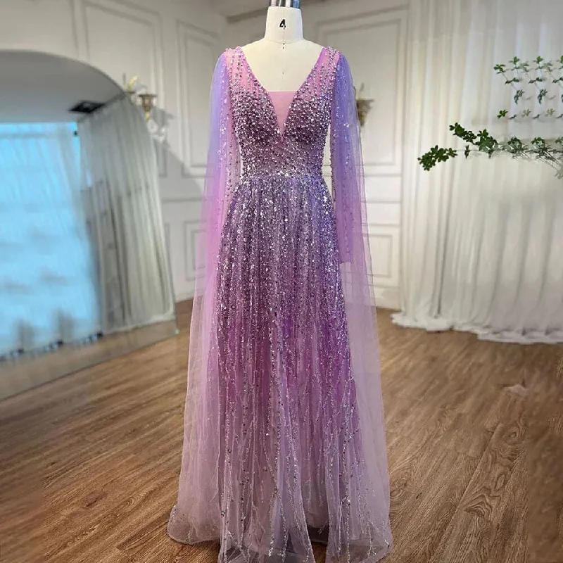 Evening dress with full skirt-Serene Hill Arabic Purple A Line Cape Sleeves V Neck Beaded Long Evening Dresses Gowns For Women Wedding Party 2024 LA72143