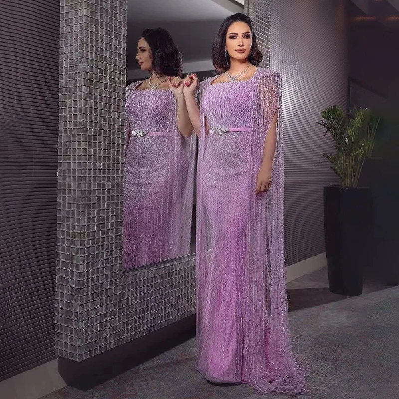 Evening dress with high-low hem-Serene Hill Arabic Purple Mermaid Cape Sleeves Beaded Luxury Dubai Long Evening Dresses Gowns For Women Party 2023 LA71009